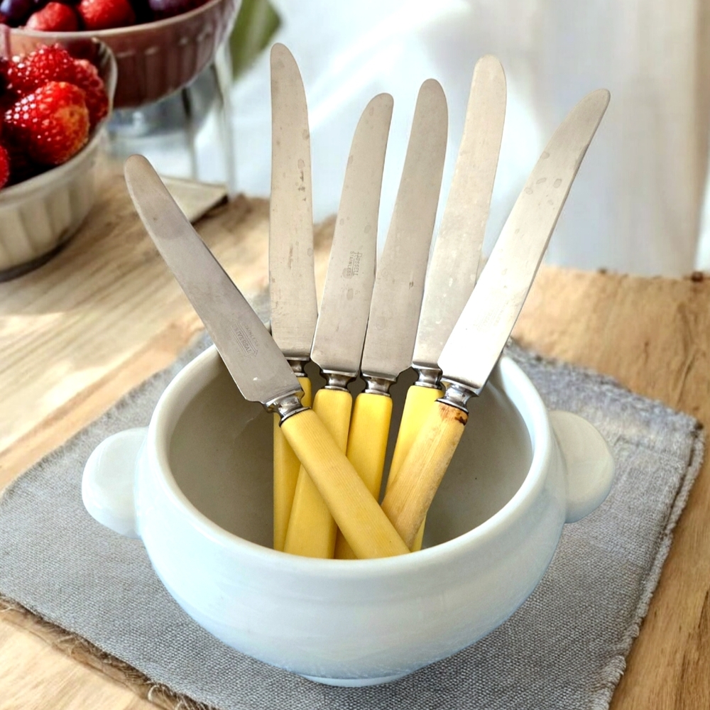 SIX Vintage Bakelite & Stainless Steel Butter Knives, Midcentury Retro 40s - 50s